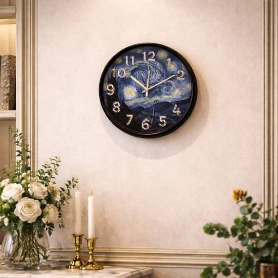 Van Gogh Yıldızlı Gece Tasarımlı Dekoratif Duvar Saati - 28 cm Sessiz Mekanizma