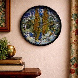 Van Gogh Peyzaj Temalı Desenli Cam Duvar Saati 28 cm – Sessiz Mekanizma, Modern Dekor