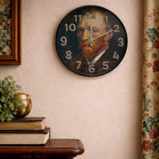 Van Gogh Otoportre Desenli Cam Duvar Saati 28 cm – Sessiz Mekanizma, Modern Dekor