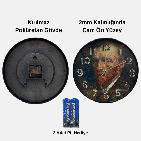 Van Gogh Otoportre Desenli Cam Duvar Saati 28 cm – Sessiz Mekanizma, Modern Dekor