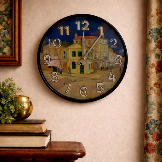 Van Gogh Sarı Ev Temalı Cam Duvar Saati 28 cm – Sessiz Mekanizma, Modern Dekor Van Gogh Sarı Ev Temalı Cam Duvar Saati 28 cm – Sessiz Mekanizma, Modern Dekor