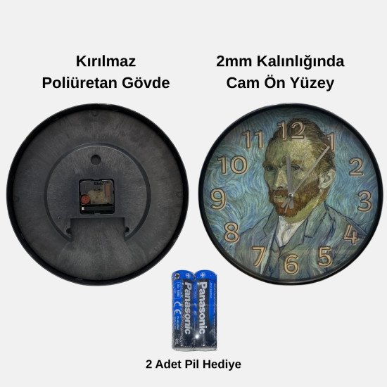 Van Gogh Otoportre Desenli Cam Duvar Saati 28 cm – Sessiz Mekanizma, Modern Dekor Van Gogh Otoportre Desenli Cam Duvar Saati 28 cm – Sessiz Mekanizma, Modern Dekor
