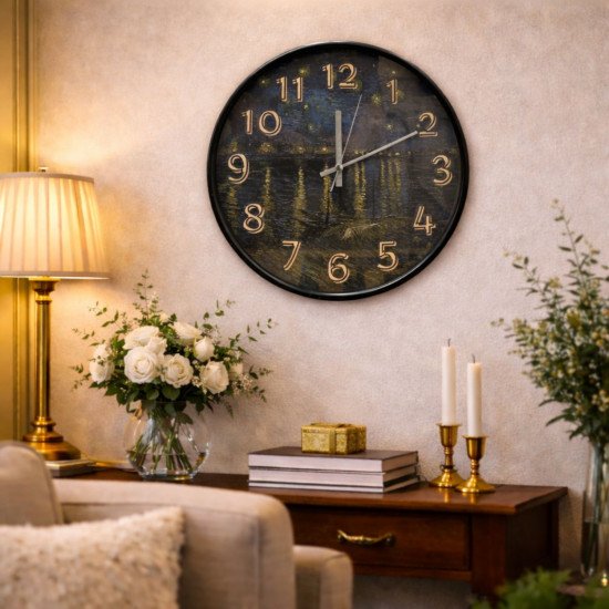 Van Gogh Yıldızlı Gece Tasarımlı Dekoratif Duvar Saati - 28 cm Sessiz Mekanizma