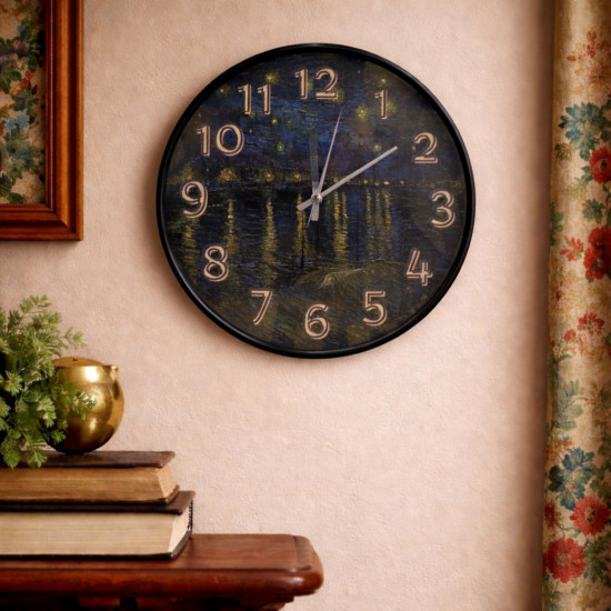 Van Gogh Yıldızlı Gece Tasarımlı Dekoratif Duvar Saati - 28 cm Sessiz Mekanizma