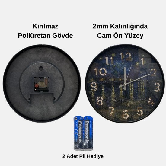 Van Gogh Yıldızlı Gece Tasarımlı Dekoratif Duvar Saati - 28 cm Sessiz Mekanizma
