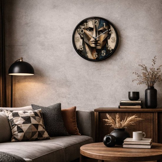 Modern Sanatsal Yüz Desenli Duvar Saati 28 cm – Dekoratif Salon & Ofis Duvar Saati