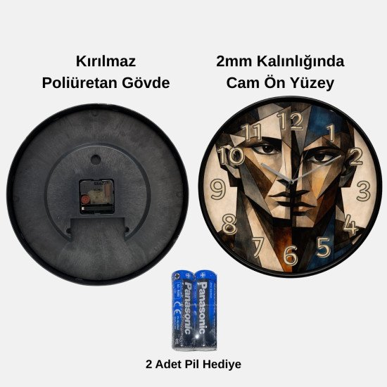 Modern Sanatsal Yüz Desenli Duvar Saati 28 cm – Dekoratif Salon & Ofis Duvar Saati