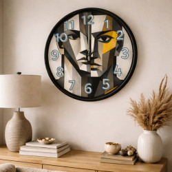 Modern Soyut Yüz Tasarımlı 28 cm Dekoratif Duvar Saati – Sessiz Mekanizma – Siyah Çerçeve