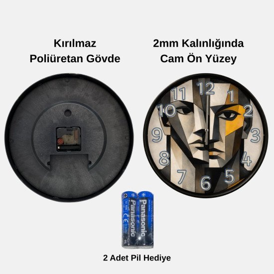 Modern Soyut Yüz Tasarımlı 28 cm Dekoratif Duvar Saati – Sessiz Mekanizma – Siyah Çerçeve