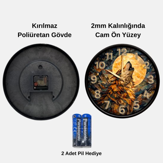 Modern Kurt Figürlü Duvar Saati – Geometrik Tasarım – 28 cm – Sessiz Mekanizma Modern Kurt Figürlü Duvar Saati – Geometrik Tasarım – 28 cm – Sessiz Mekanizma