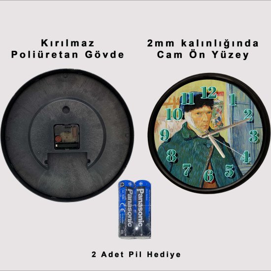 Van Gogh Otoportre Desenli Cam Duvar Saati 28 cm – Sessiz Mekanizma, Modern Dekor Van Gogh Otoportre Desenli Cam Duvar Saati 28 cm – Sessiz Mekanizma, Modern Dekor
