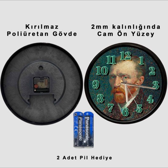 Van Gogh Otoportre Desenli Cam Duvar Saati 28 cm – Sessiz Mekanizma, Modern Dekor Van Gogh Otoportre Desenli Cam Duvar Saati 28 cm – Sessiz Mekanizma, Modern Dekor