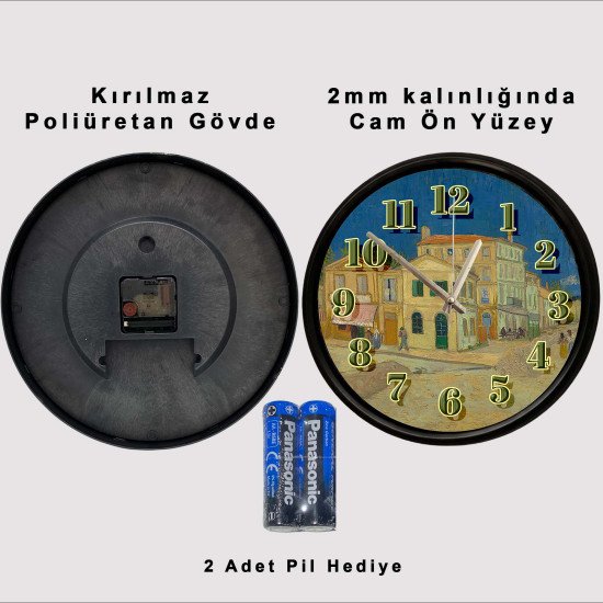 Van Gogh Sarı Ev Temalı Cam Duvar Saati 28 cm – Sessiz Mekanizma, Modern Dekor Van Gogh Sarı Ev Temalı Cam Duvar Saati 28 cm – Sessiz Mekanizma, Modern Dekor