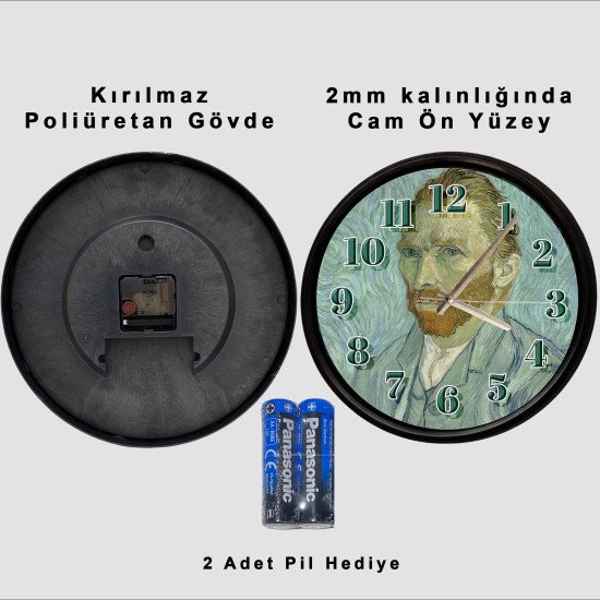 Van Gogh Otoportre Desenli Cam Duvar Saati 28 cm – Sessiz Mekanizma, Modern Dekor Van Gogh Otoportre Desenli Cam Duvar Saati 28 cm – Sessiz Mekanizma, Modern Dekor