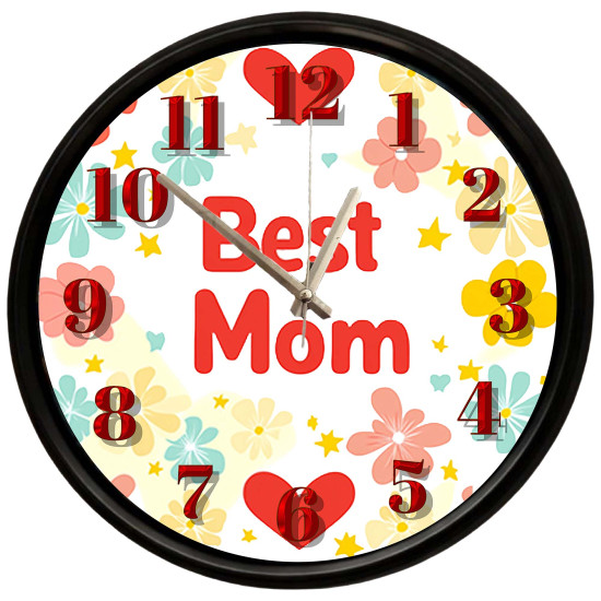 Dekoratif Best Mom Temalı Cam Duvar Saati 28 Cm Best Mom Yazılı Sessiz Mekanizmalı Cam Duvar Saati