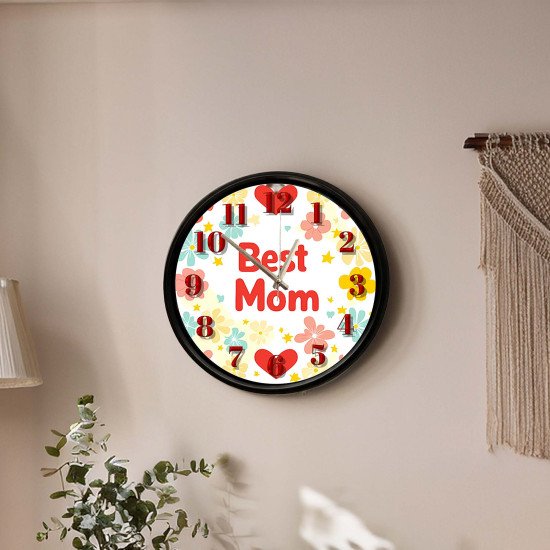 Dekoratif Best Mom Temalı Cam Duvar Saati 28 Cm Best Mom Yazılı Sessiz Mekanizmalı Cam Duvar Saati