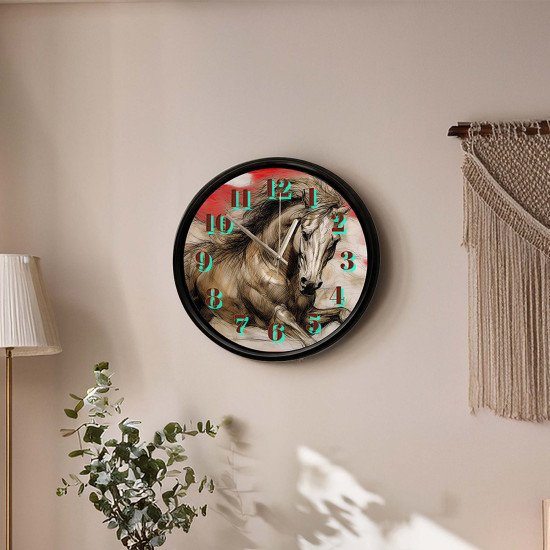 Modern At Figürlü Cam Duvar Saati 28 Cm Sanatsal At Çizimi Temalı Sessiz Mekanizmalı Cam Duvar Saati