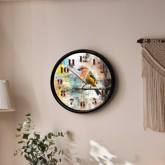 Dekoratif Sarı Kuş Temalı Cam Duvar Saati 28 Cm Modern Sarı Kuş Figürlü Sessiz Mekanizmalı Cam Duvar Saati