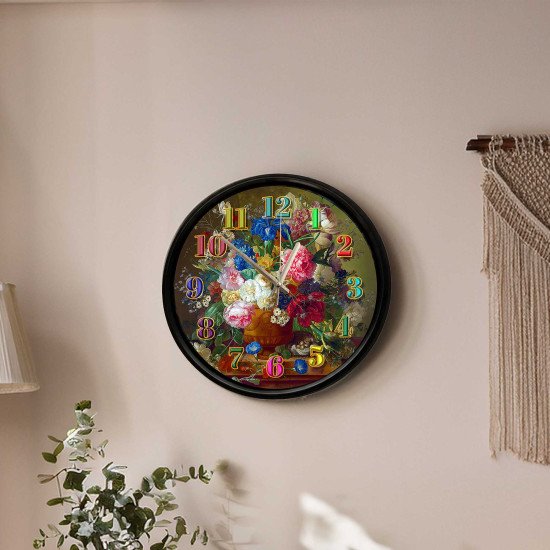 Çiçek Buketi Tasarımlı Modern Dekoratif Duvar Saati 28 Cm Renkli çiçek buketi desenli dekoratif sessiz duvar saati modeli