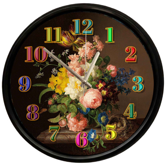 Çiçek Buketi Tasarımlı Modern Dekoratif Duvar Saati 28 Cm Sanatsal çiçek buketi desenli dekoratif sessiz duvar saati