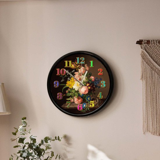 Çiçek Buketi Tasarımlı Modern Dekoratif Duvar Saati 28 Cm Sanatsal çiçek buketi desenli dekoratif sessiz duvar saati