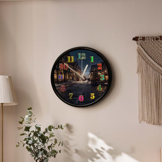 Gece şehir manzaralı dekoratif sessiz duvar saati modeli
