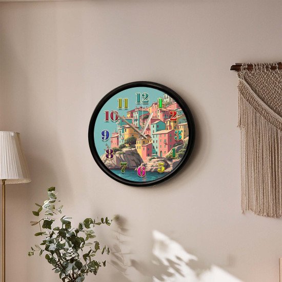 Sahil Kasabası Tasarımlı Modern Dekoratif Duvar Saati Pastel sahil kasabası desenli dekoratif sessiz duvar saati