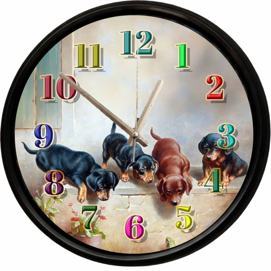 Yavru Dachshund Köpekler Tasarımlı Dekoratif Duvar Saati Yavru dachshund köpek desenli dekoratif sessiz duvar saati
