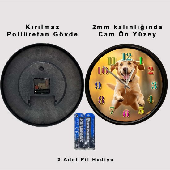 Koşan labrador köpek desenli dekoratif sessiz duvar saati