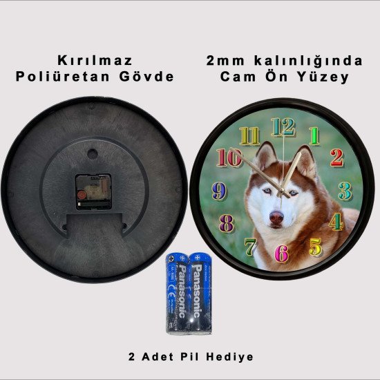 Husky Tasarımlı Modern Dekoratif Duvar Saati Sibirya kurdu husky desenli dekoratif sessiz duvar saati