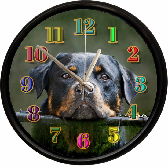 Rottweiler köpek portreli sessiz dekoratif duvar saati