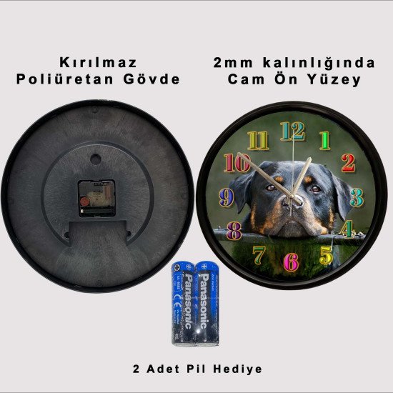 Rottweiler köpek portreli sessiz dekoratif duvar saati