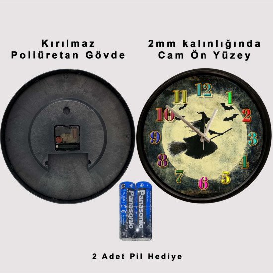 Cadı ve yarasa figürlü fantastik dekoratif duvar saati