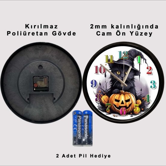 Siyah Kedi ve Balkabağı Dekoratif Duvar Saati Cadı şapkalı siyah kedi ve balkabağı temalı dekoratif duvar saati
