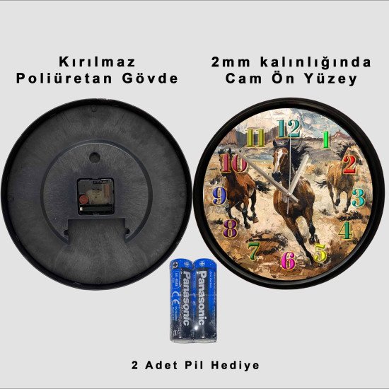 Koşan vahşi atlar tasarımlı dekoratif duvar saati