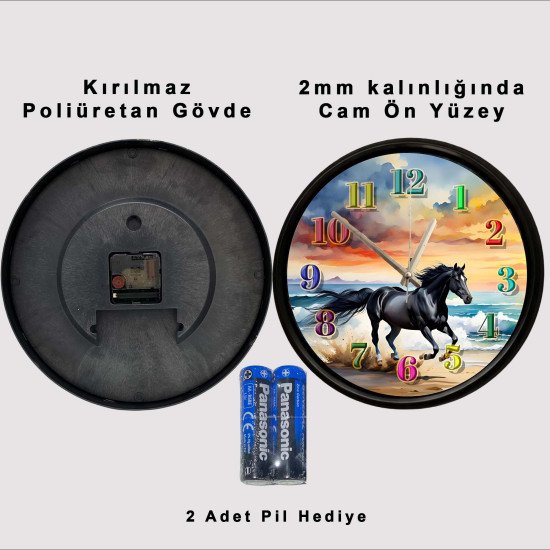 Sahilde Koşan Siyah At Sessiz Duvar Saati Sahilde koşan siyah at tasarımlı dekoratif duvar saati