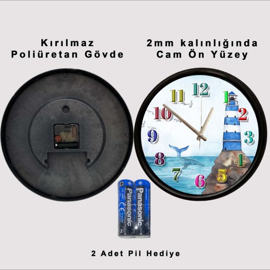 Deniz Feneri ve Balina Temalı Sessiz Duvar Saati Deniz feneri ve balina figürlü dekoratif duvar saati