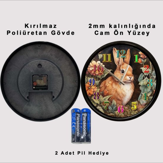 Çiçekler Arasında Tavşan Temalı Sessiz Duvar Saati Çiçekler arasında tavşan figürlü dekoratif duvar saati