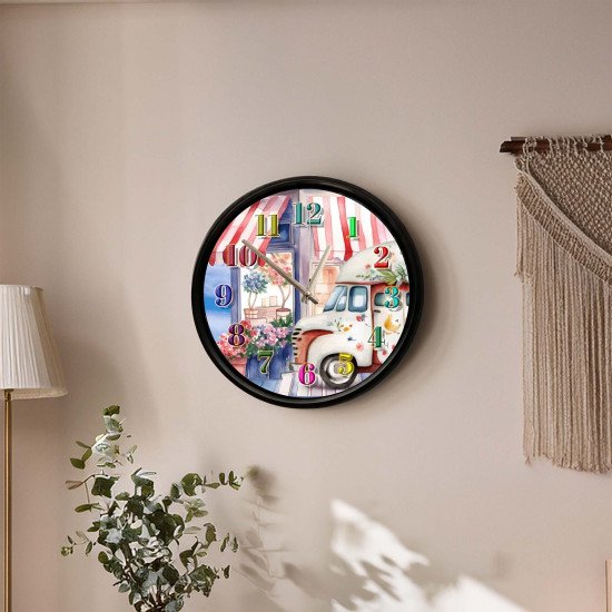 Çiçekçi Dükkanı ve Vintage Karavan Temalı Sessiz Duvar Saati Çiçekçi dükkânı önünde vintage karavan tasarımlı dekoratif duvar saati