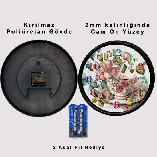Çiçek Desenli Porselen Fincan Temalı Sessiz Duvar Saati Çiçek desenli porselen fincan temalı dekoratif duvar saati