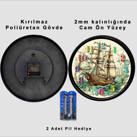 Vintage Yelkenli Gemi Temalı Sessiz Duvar Saati Vintage yelkenli gemi tasarımlı dekoratif duvar saati