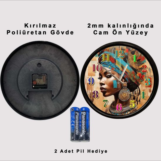 Afrika Kadını Temalı Sessiz Duvar Saati Etnik Afrika kadını sanatsal portre dekoratif duvar saati