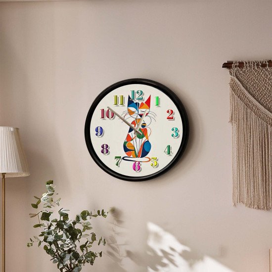Geometrik Kedi Temalı Sessiz Duvar Saati Modern geometrik kedi tasarımlı dekoratif duvar saati