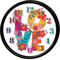 Çiçekli LOVE Yazılı Dekoratif Duvar Saati 28 Cm Sessiz Mekanizma
