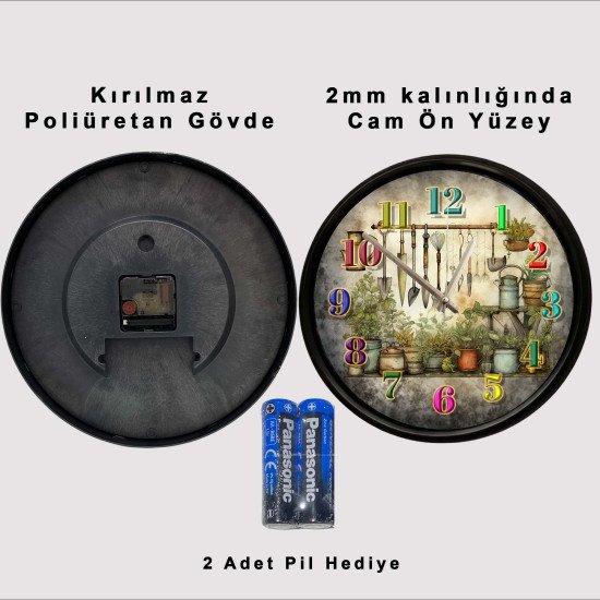 Vintage bahçe ve bitki temalı dekoratif duvar saati