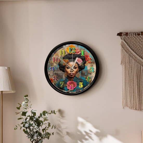 Etnik Afrika Portre Tasarımlı Sessiz Duvar Saati Etnik Afrika sanat ve çiçek temalı dekoratif duvar saati