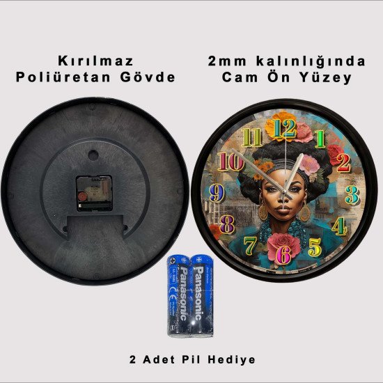 Etnik Afrika Portre Tasarımlı Sessiz Duvar Saati Etnik Afrika sanat ve çiçek temalı dekoratif duvar saati