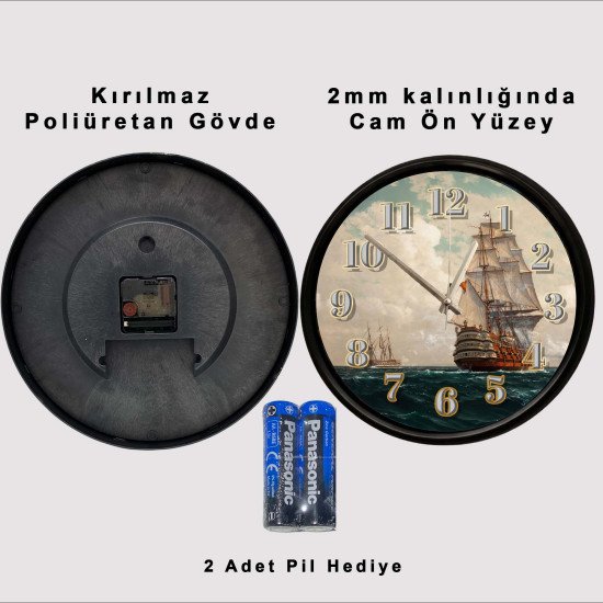Yelkenli Savaş Gemisi Temalı Sessiz Duvar Saati Nostaljik yelkenli savaş gemisi tasarımlı dekoratif duvar saati