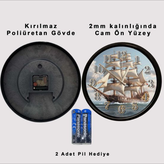 Büyük yelkenli gemi tasarımlı dekoratif duvar saati