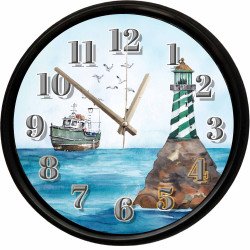 Deniz Feneri ve Balıkçı Teknesi Temalı Dekoratif Duvar Saati 28 Cm Sessiz Mekanizma